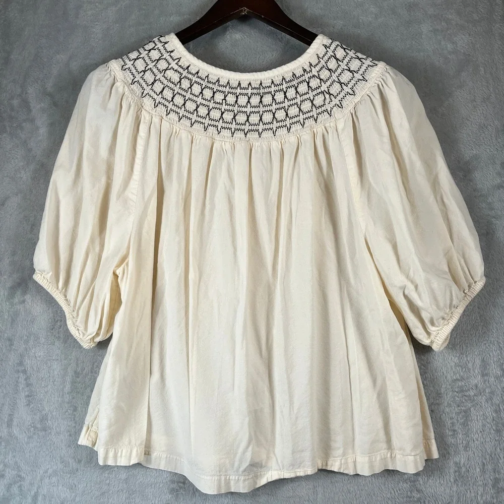 Old Navy Smocked Yoke Top XL Cream Black Puff Sleeve Peasant Boho Blouse Tie